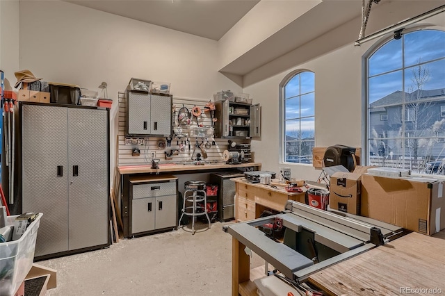 kitchen with concrete flooring and open shelves