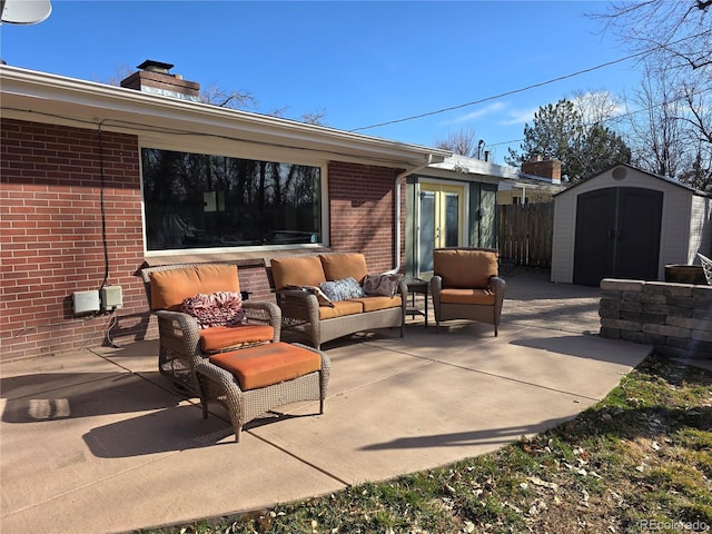 view of patio with an outdoor living space, fence, french doors, a storage shed, and an outdoor structure