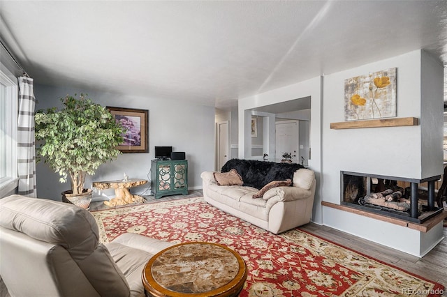 living room featuring wood finished floors and a multi sided fireplace