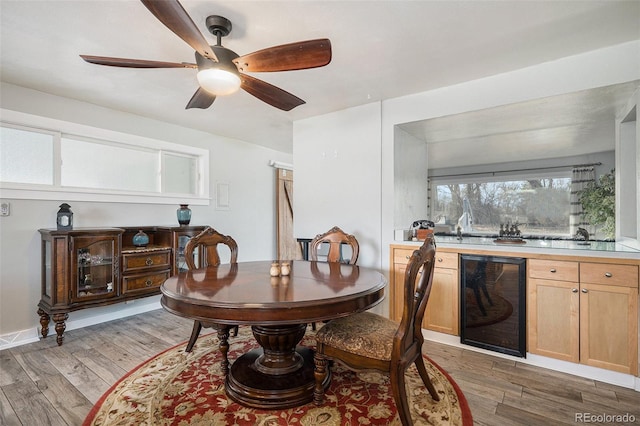 dining area with a ceiling fan, wine cooler, and light wood-style flooring