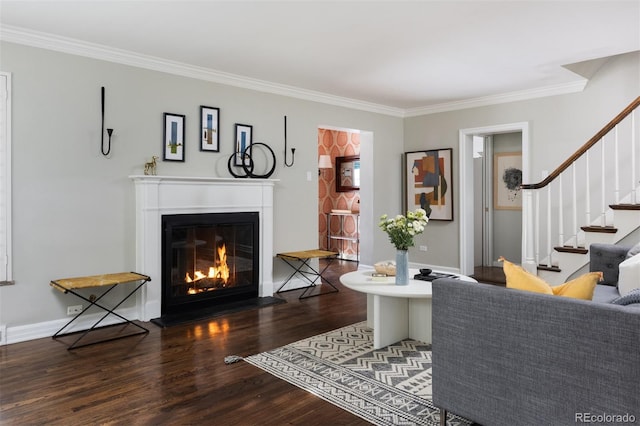 living room with dark wood-type flooring and ornamental molding