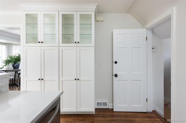 interior space featuring vaulted ceiling and dark hardwood / wood-style flooring