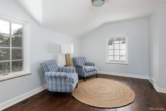 living area featuring dark wood-type flooring and lofted ceiling