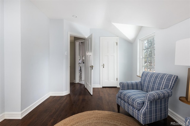 sitting room featuring vaulted ceiling and dark wood-type flooring