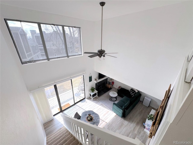 living area with ceiling fan, a towering ceiling, and wood finished floors