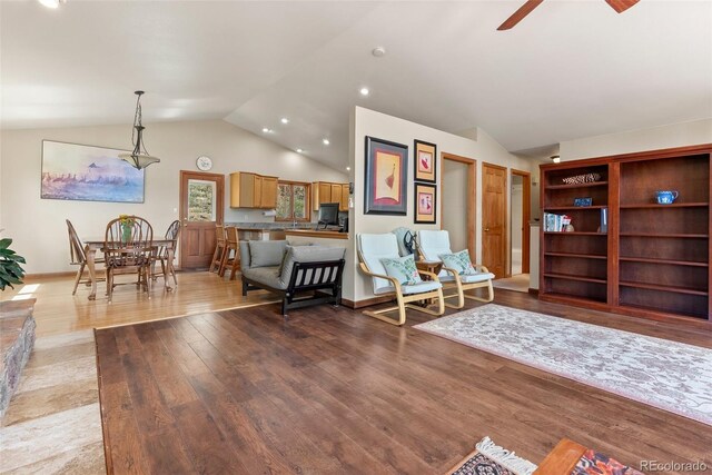 29 Cedar Ln, Bailey, CO 80421 - living room featuring vaulted ceiling, a ceiling fan, light wood finished floors, and recessed lighting
