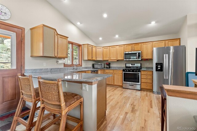 29 Cedar Ln, Bailey, CO 80421 - kitchen featuring stainless steel appliances, a peninsula, vaulted ceiling, recessed lighting, and light wood-style floors