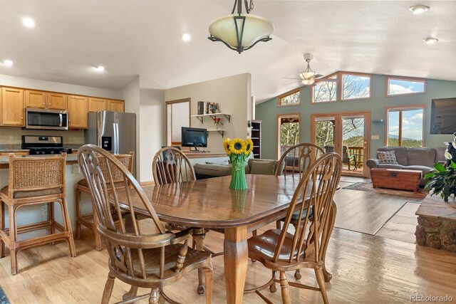 29 Cedar Ln, Bailey, CO 80421 - dining space featuring light wood-type flooring, a ceiling fan, recessed lighting, and vaulted ceiling