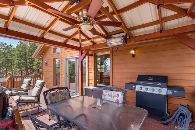 29 Cedar Ln, Bailey, CO 80421 - wooden terrace featuring a ceiling fan, outdoor dining space, and area for grilling