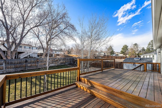 wooden deck featuring a residential view and a fenced backyard