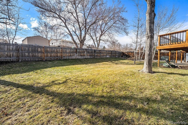 view of yard featuring a fenced backyard and a wooden deck