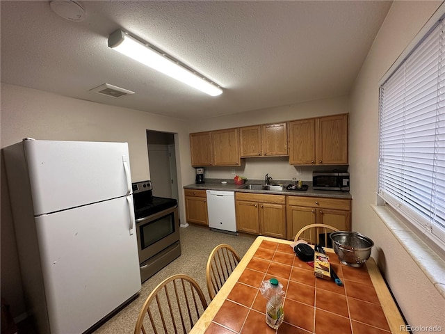 kitchen featuring a wealth of natural light, sink, a textured ceiling, and appliances with stainless steel finishes