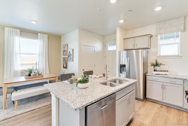 kitchen featuring light wood finished floors, stainless steel appliances, decorative backsplash, a sink, and an island with sink