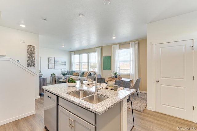 kitchen featuring light wood finished floors, stainless steel dishwasher, open floor plan, a kitchen island with sink, and a sink