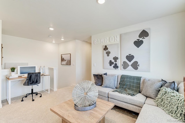 carpeted living room featuring recessed lighting