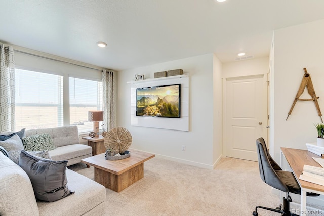 living area featuring recessed lighting, light colored carpet, visible vents, and baseboards