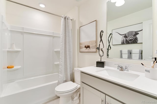 bathroom with shower / bath combo, tile patterned flooring, vanity, and toilet