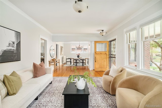 730 Cook St, Denver, CO 80206 - living area with a chandelier, crown molding, plenty of natural light, and wood finished floors
