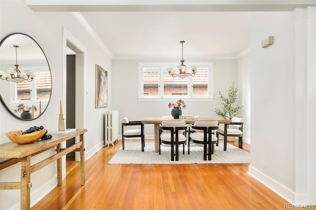 730 Cook St, Denver, CO 80206 - dining area featuring a chandelier, radiator, light wood-style floors, baseboards, and crown molding