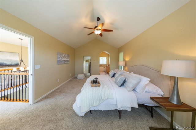 1881 Alma Ln, Superior, CO 80027 - bedroom featuring carpet, vaulted ceiling, arched walkways, and ceiling fan