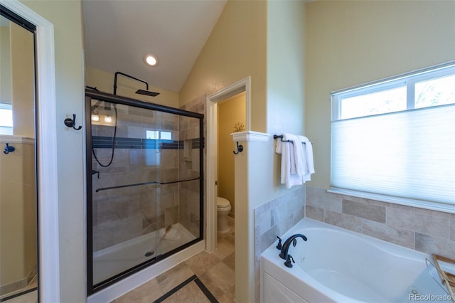 1881 Alma Ln, Superior, CO 80027 - full bathroom with a bath, a shower stall, lofted ceiling, and recessed lighting