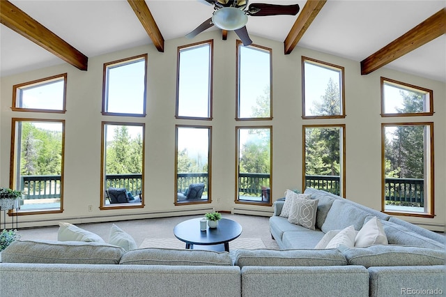 11333 Conifer Mountain Rd, Conifer, CO 80433 - carpeted living room featuring beamed ceiling, a ceiling fan, healthy amount of natural light, a baseboard heating unit, and a high ceiling