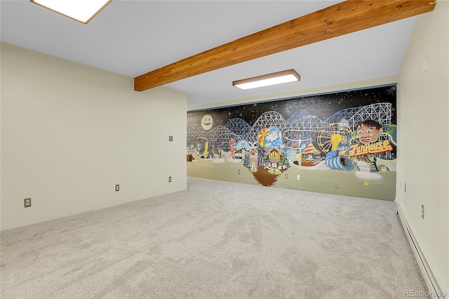 11333 Conifer Mountain Rd, Conifer, CO 80433 - rec room featuring baseboard heating, carpet, and beamed ceiling