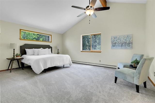11333 Conifer Mountain Rd, Conifer, CO 80433 - carpeted bedroom with a baseboard radiator, high vaulted ceiling, beam ceiling, and ceiling fan