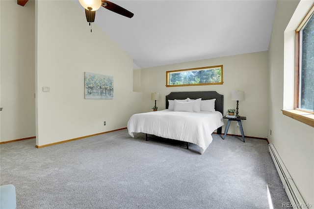 11333 Conifer Mountain Rd, Conifer, CO 80433 - carpeted bedroom with a baseboard radiator, vaulted ceiling, and a ceiling fan
