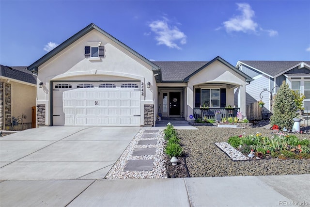2742 Show Hunter Way, Colorado Springs, CO 80922 - ranch-style home featuring covered porch, an attached garage, driveway, stucco siding, and stone siding