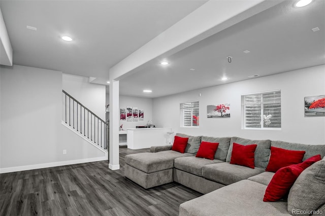 2742 Show Hunter Way, Colorado Springs, CO 80922 - living room featuring wood finished floors, recessed lighting, stairs, and baseboards