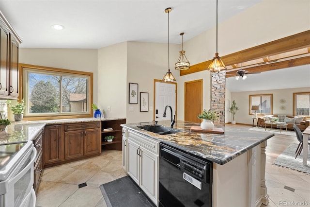 kitchen with a sink, black dishwasher, a healthy amount of sunlight, and light stone countertops