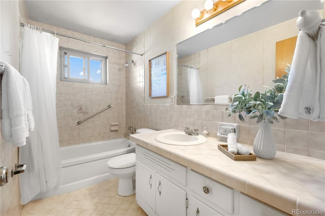 7135 S Sherman St, Centennial, CO 80122 - bathroom featuring vanity, shower / bathtub combination with curtain, backsplash, tile walls, and tile patterned floors