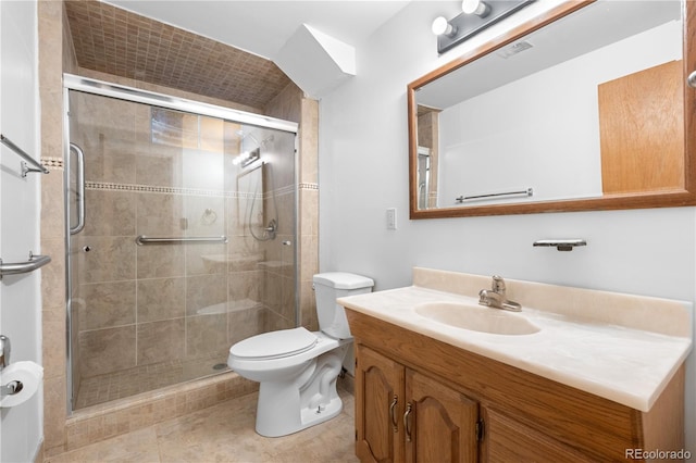 7135 S Sherman St, Centennial, CO 80122 - bathroom featuring vanity, a stall shower, and tile patterned flooring