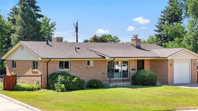 7135 S Sherman St, Centennial, CO 80122 - ranch-style house with a garage, covered porch, brick siding, a shingled roof, and a chimney