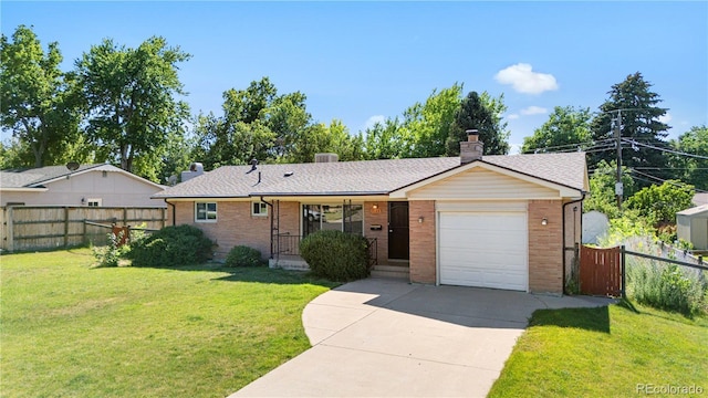 7135 S Sherman St, Centennial, CO 80122 - ranch-style home with a garage, concrete driveway, brick siding, a chimney, and roof with shingles