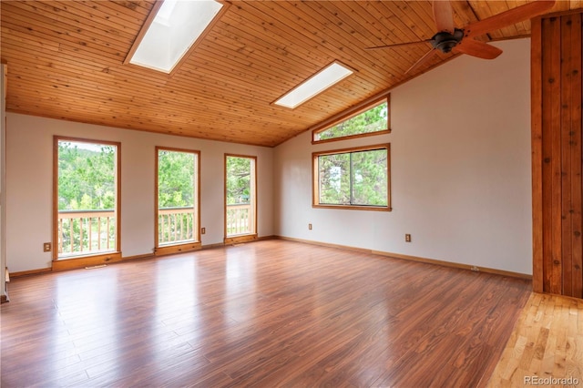 917 Bluebird Ln, Bailey, CO 80421 - spare room featuring a skylight, healthy amount of natural light, a ceiling fan, wooden ceiling, and high vaulted ceiling