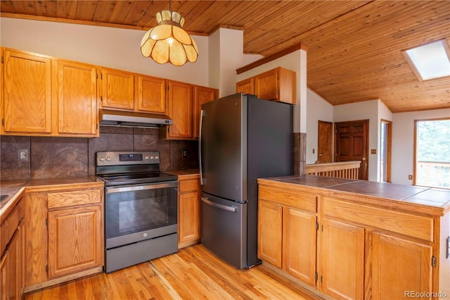917 Bluebird Ln, Bailey, CO 80421 - kitchen featuring stainless steel appliances, under cabinet range hood, wooden ceiling, a skylight, and backsplash