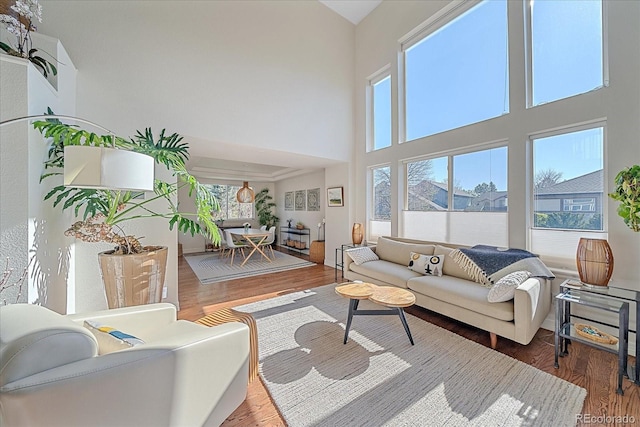 10127 W 100th Ct, Westminster, CO 80021 - living area featuring wood finished floors, a towering ceiling, and plenty of natural light