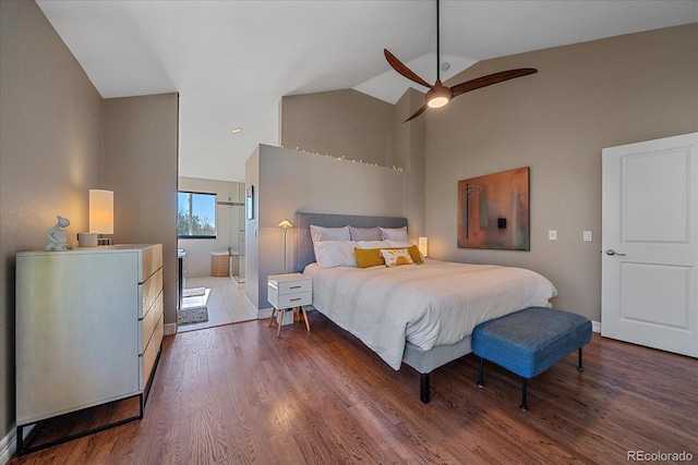 10127 W 100th Ct, Westminster, CO 80021 - bedroom featuring vaulted ceiling, wood finished floors, a ceiling fan, and baseboards