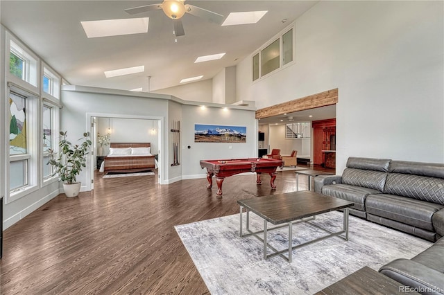 1915 Hunters Point Ln, Colorado Springs, CO 80919 - game room featuring a skylight, a ceiling fan, billiards table, wood finished floors, and high vaulted ceiling