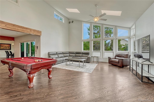 1915 Hunters Point Ln, Colorado Springs, CO 80919 - recreation room featuring a towering ceiling, wood finished floors, a skylight, billiards table, and ceiling fan