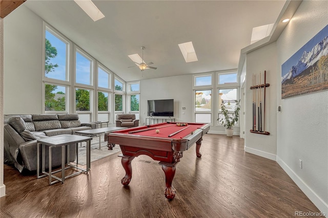 1915 Hunters Point Ln, Colorado Springs, CO 80919 - rec room with a skylight, plenty of natural light, wood finished floors, high vaulted ceiling, and billiards table