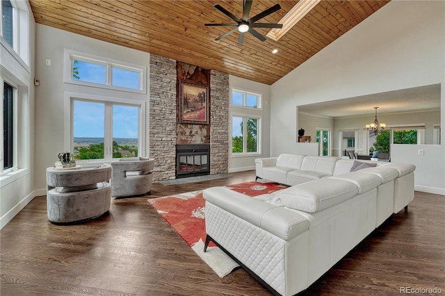 1915 Hunters Point Ln, Colorado Springs, CO 80919 - living area with high vaulted ceiling, a fireplace, wooden ceiling, a chandelier, and healthy amount of natural light