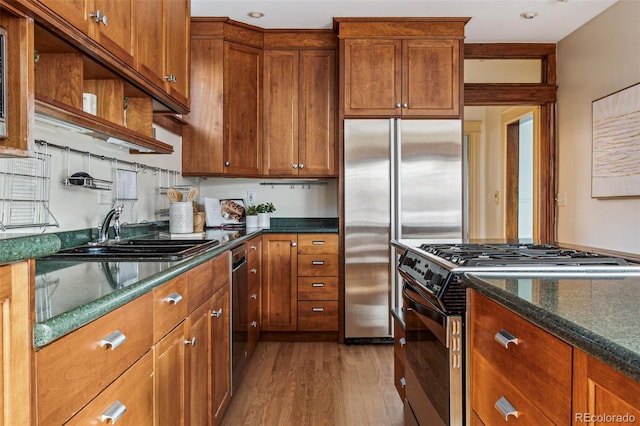 kitchen featuring appliances with stainless steel finishes, sink, light hardwood / wood-style flooring, and dark stone countertops