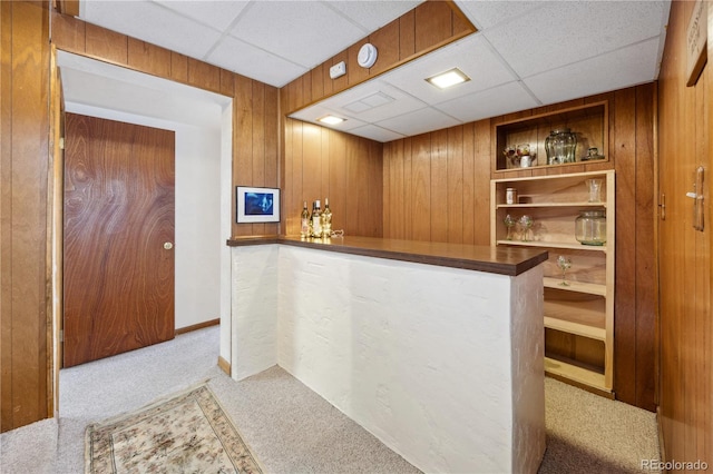 1069 Crestmoor Dr, Boulder, CO 80303 - indoor dry bar with wooden walls, carpet flooring, a drop ceiling, and baseboards
