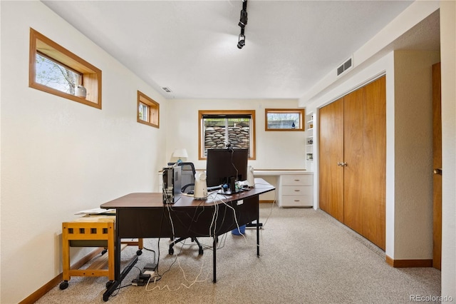 1069 Crestmoor Dr, Boulder, CO 80303 - office with light carpet, rail lighting, and baseboards