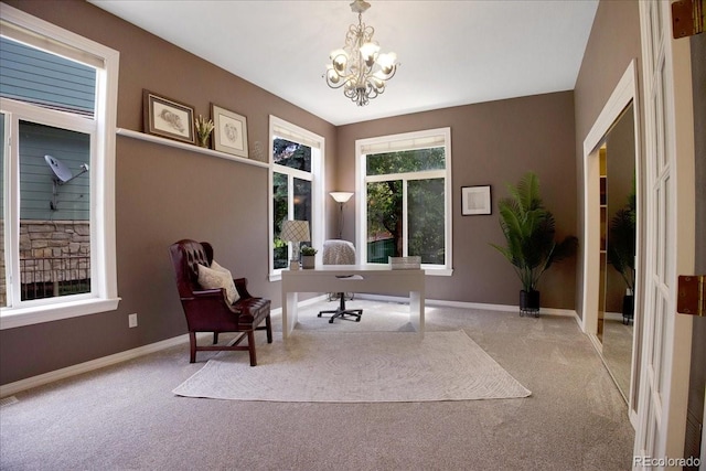 6254 S Riviera Ct, Aurora, CO 80016 - living area featuring carpet flooring, a chandelier, an office area, and baseboards