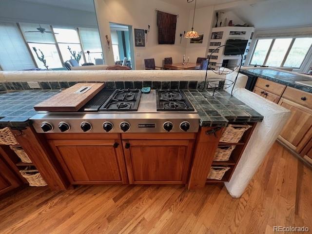 kitchen featuring a wealth of natural light, light hardwood / wood-style floors, and tile counters