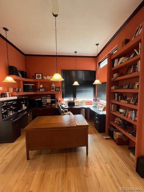 kitchen with hanging light fixtures, wooden counters, light hardwood / wood-style floors, and ornamental molding